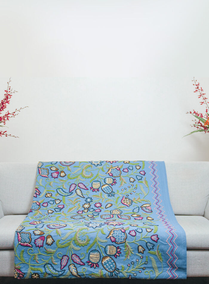 Blue Bedspread with Floral Motif
