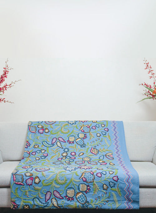 Blue Bedspread with Floral Motif