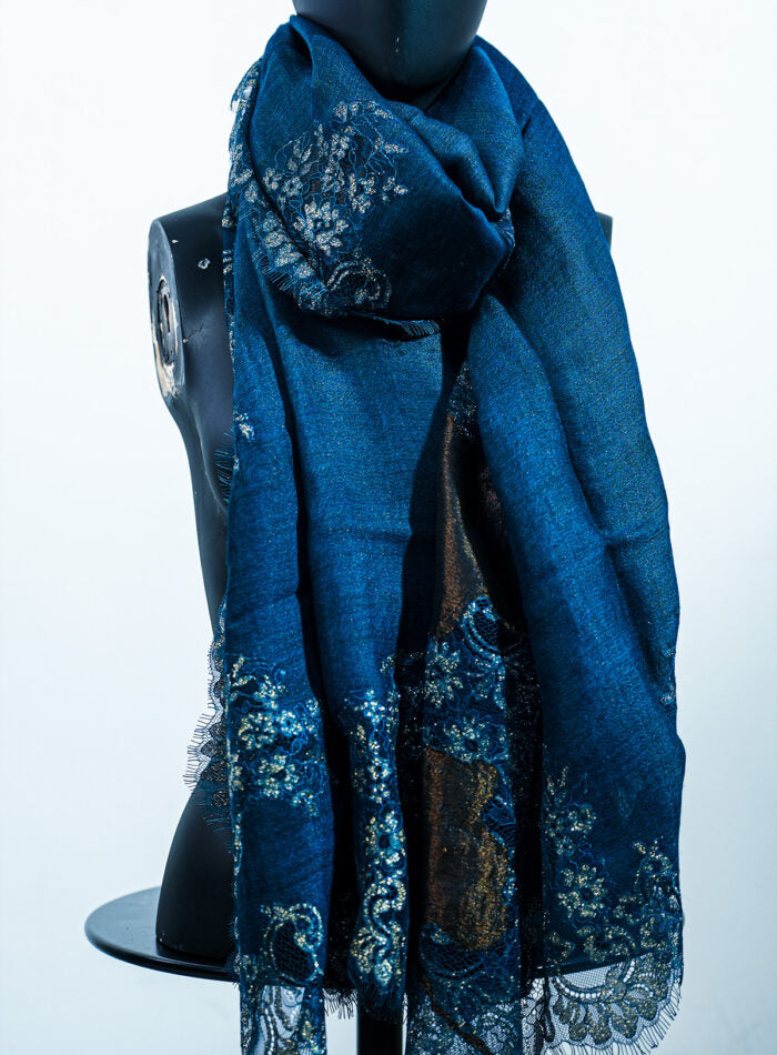 Navy blue cashmere blend stole with lace